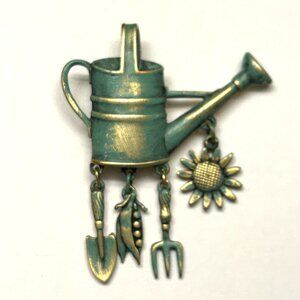 Vintage JJ Gardener Tools Sunflower Watering Can Brooch with Dangling Charms